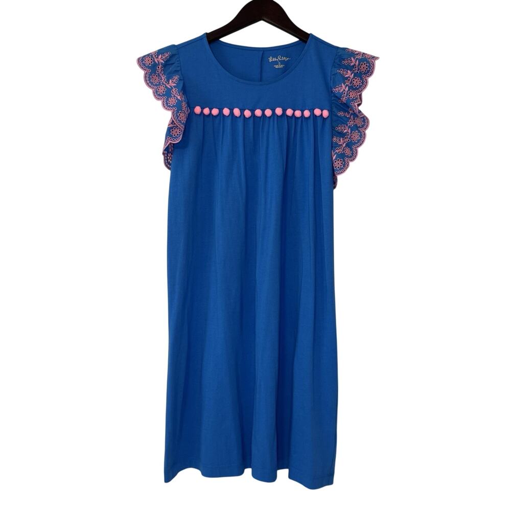 Lilly Pulitzer Ave Mini Shift Dress Women's Small Blue Pom Pom Flutter Resort - Picture 2 of 12